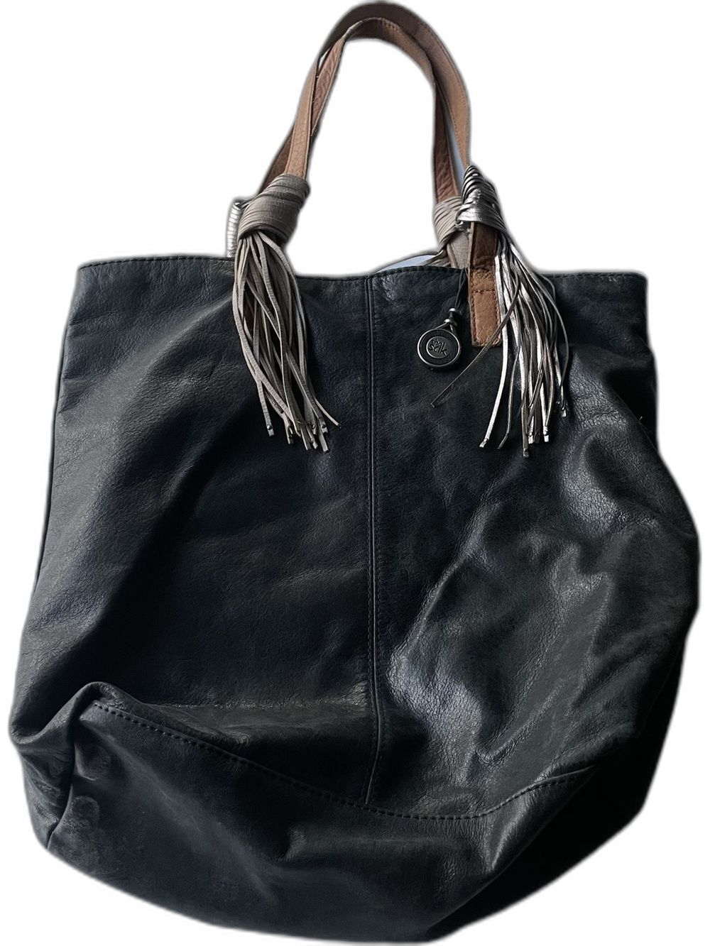 The Sak Black Leather Large Slouchy Tote Shoulder Bag metallic tassels